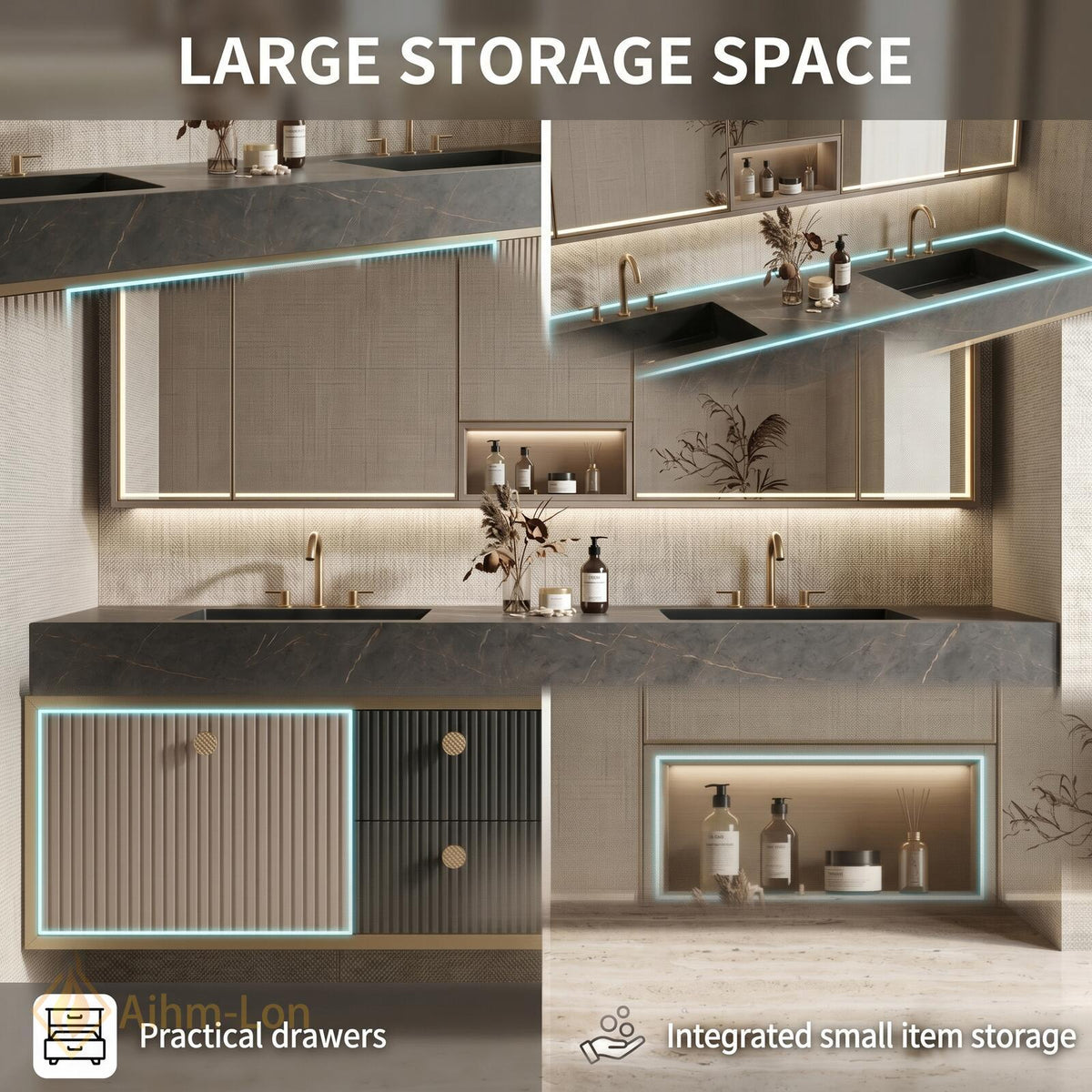60''-96'' Double Bathroom Vanity with Sink Floating Slatted Doors Central Open Shelving