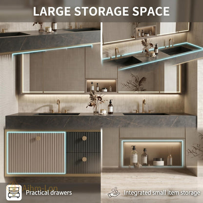 60''-96'' Double Bathroom Vanity with Sink Floating Slatted Doors Central Open Shelving