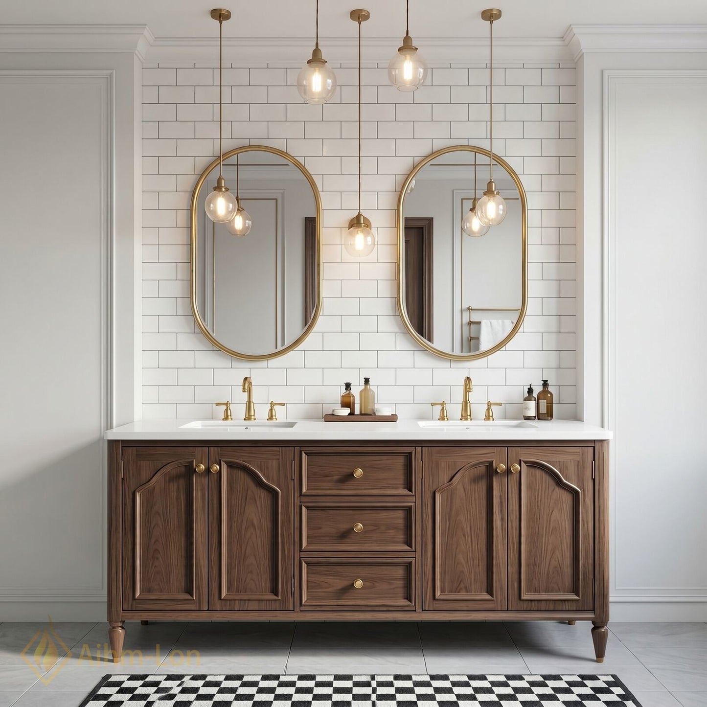 70''-96'' Double Bathroom Vanity with Sink Arched Panel Doors Solid Wood Central Drawer