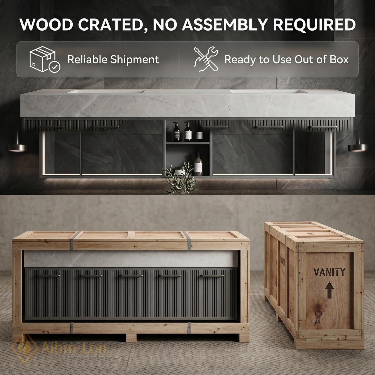 70''-96'' Double Bathroom Vanity with Sink Modern Ribbed Front Charcoal Finish Shelving