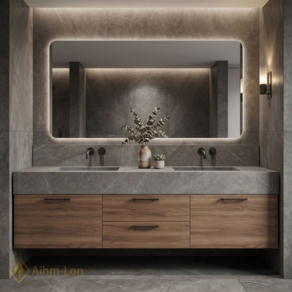 60''-96'' Double Bathroom Vanity with Sink Floating Storage Drawers Grey Marble Texture