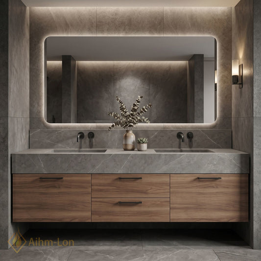 60''-96'' Double Bathroom Vanity with Sink Floating Storage Drawers Grey Marble Texture