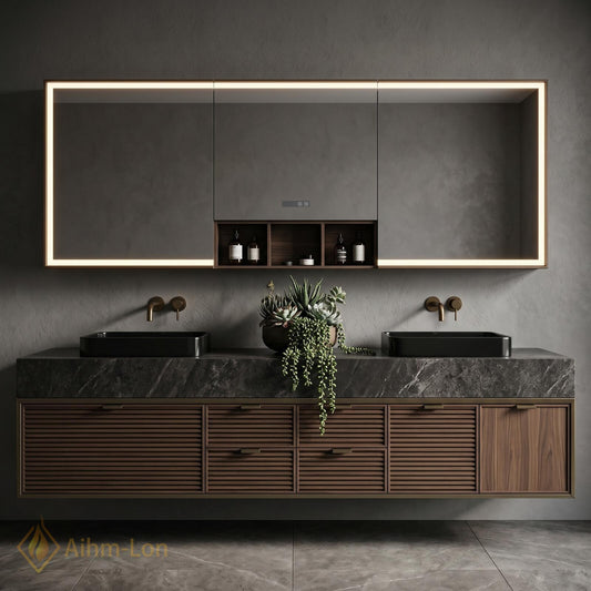 70''-96'' Modern Double Bathroom Vanity with Sink Dark Stone Slatted Drawers Storage