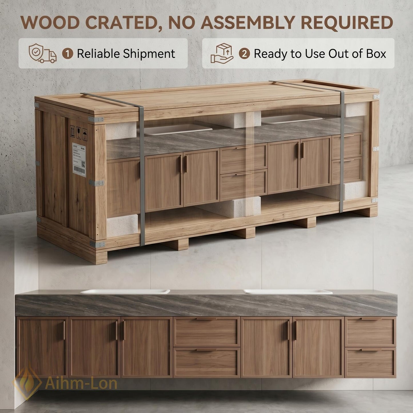 76''-96'' Modern Floating Bathroom Vanity with Sink Warm Wood Grain Wide Counter