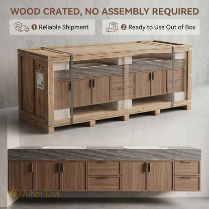 76''-96'' Modern Floating Bathroom Vanity with Sink Warm Wood Grain Wide Counter