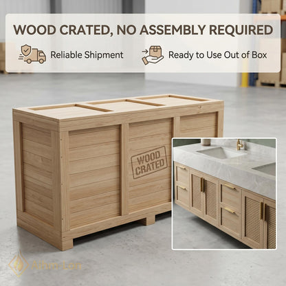 60''-96'' Double Bathroom Vanity with Sink Light Oak Finish Woven Rattan Panels