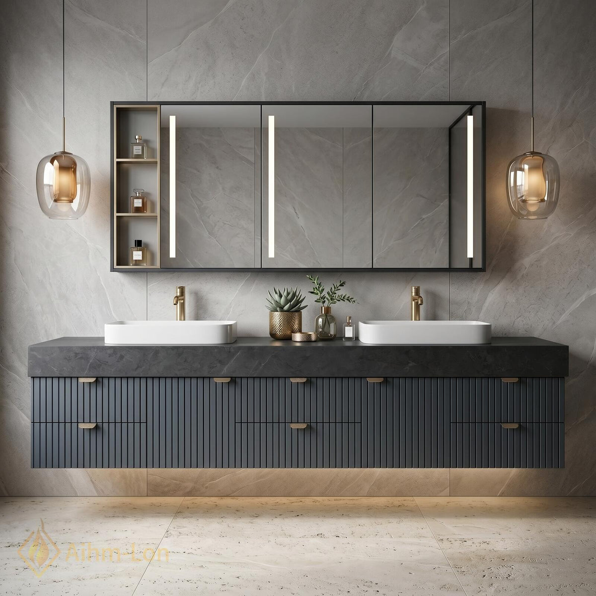60''-96'' Double Bathroom Vanity with Sink Spacious Drawers Stone Like Surface