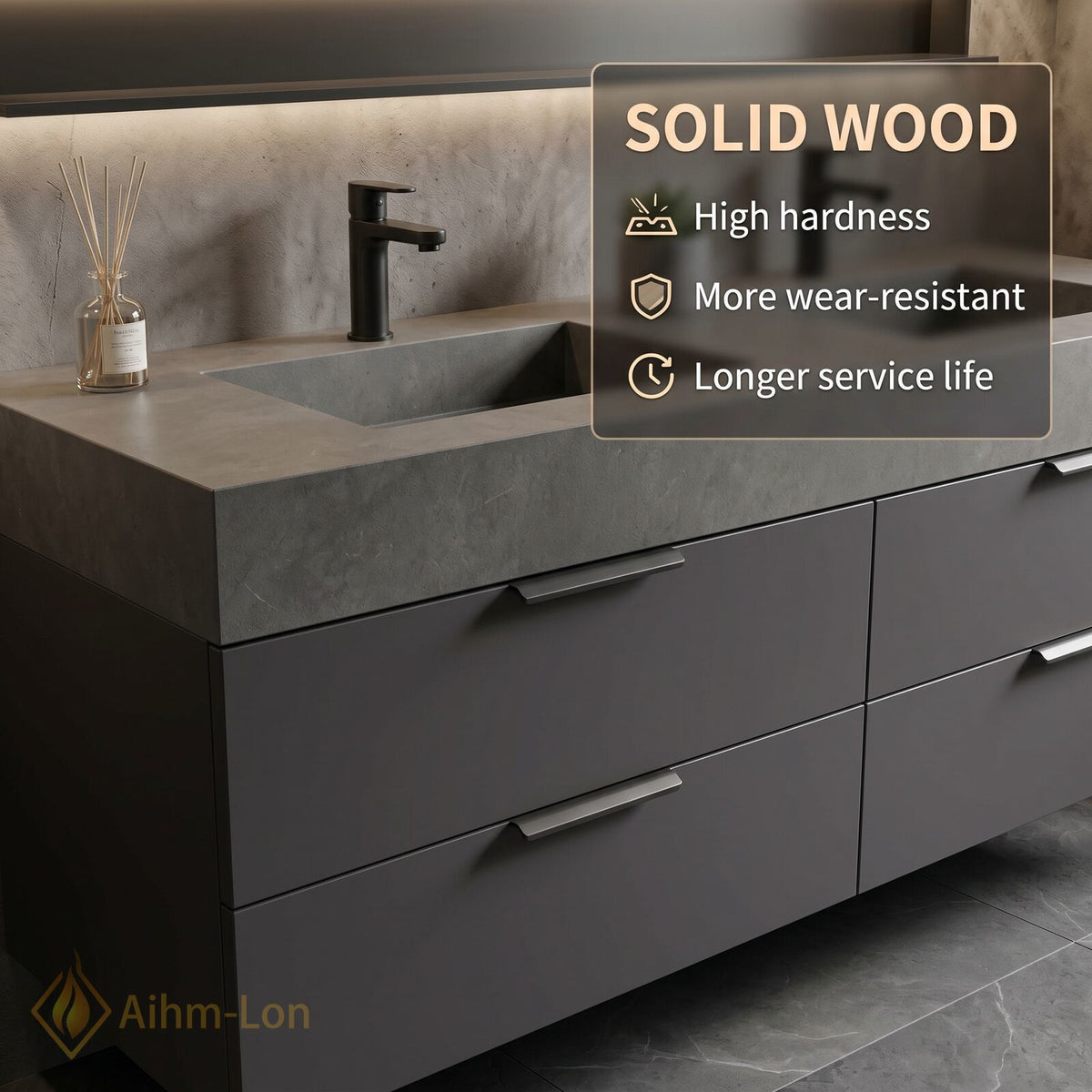 60''-96'' Double Bathroom Vanity with Sink Floating Wall Mounted Dark Stone Texture