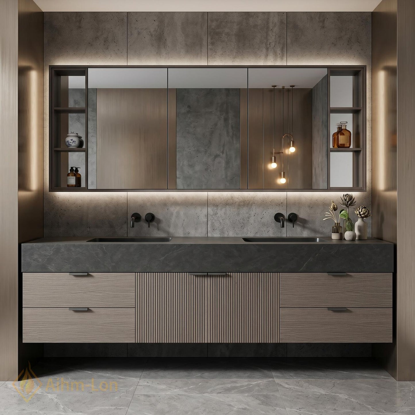 60''-96'' Modern Double Bathroom Vanity with Sink Floating Dark Wood Center Shelving