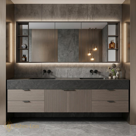 60''-96'' Modern Double Bathroom Vanity with Sink Floating Dark Wood Center Shelving