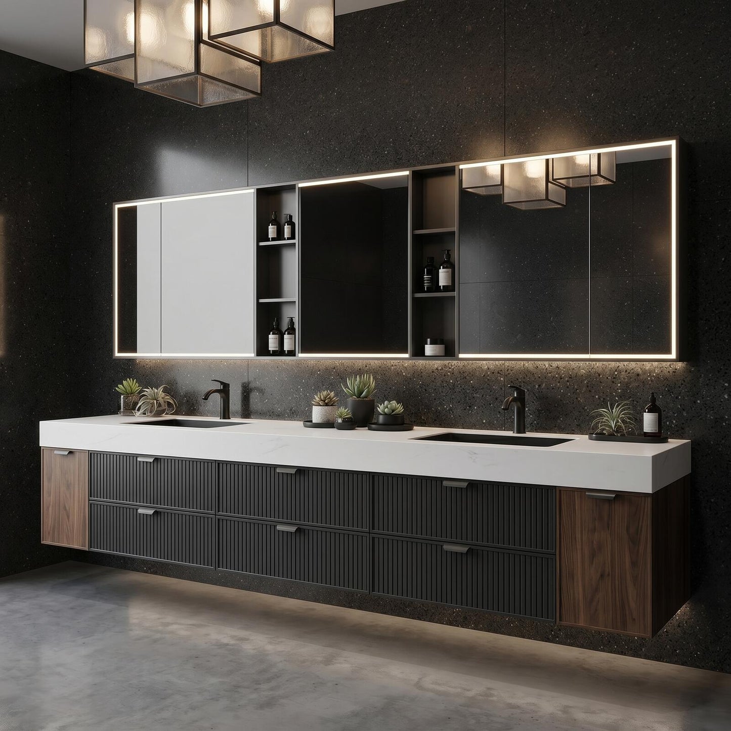 70''-96'' Modern Bathroom Vanity with Sink Floating Ribbed Drawers Wide Top Cabinet