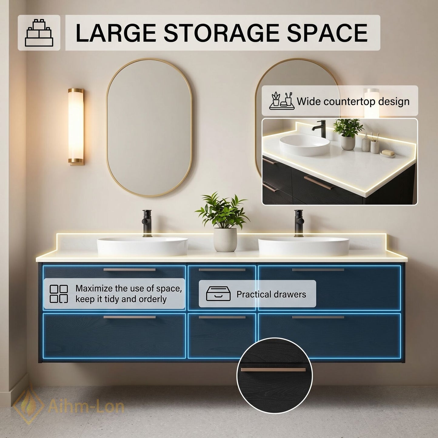 60''-96'' Modern Bathroom Vanity with Sink Floating Charcoal Wood Grain White Oval Mirrors