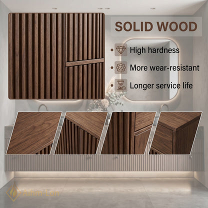 78''-96'' Double Bathroom Vanity with Sink Floating Vessel Dark Wood Slat Doors