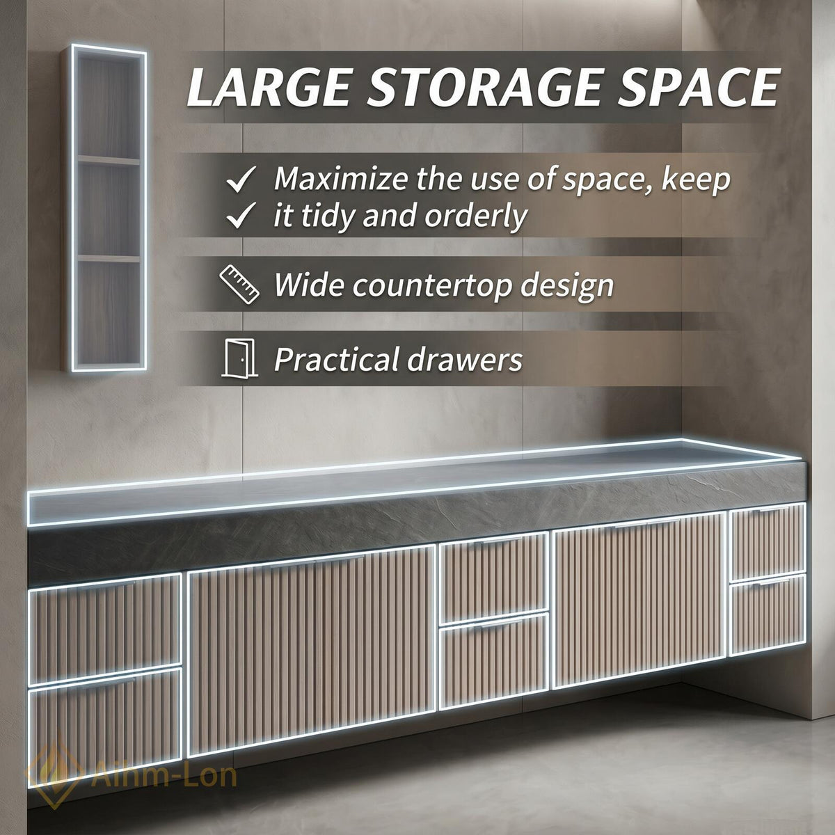 60''-96'' Double Bathroom Vanity with Sink Floating Dark Stone Top Vertical Wood Slats