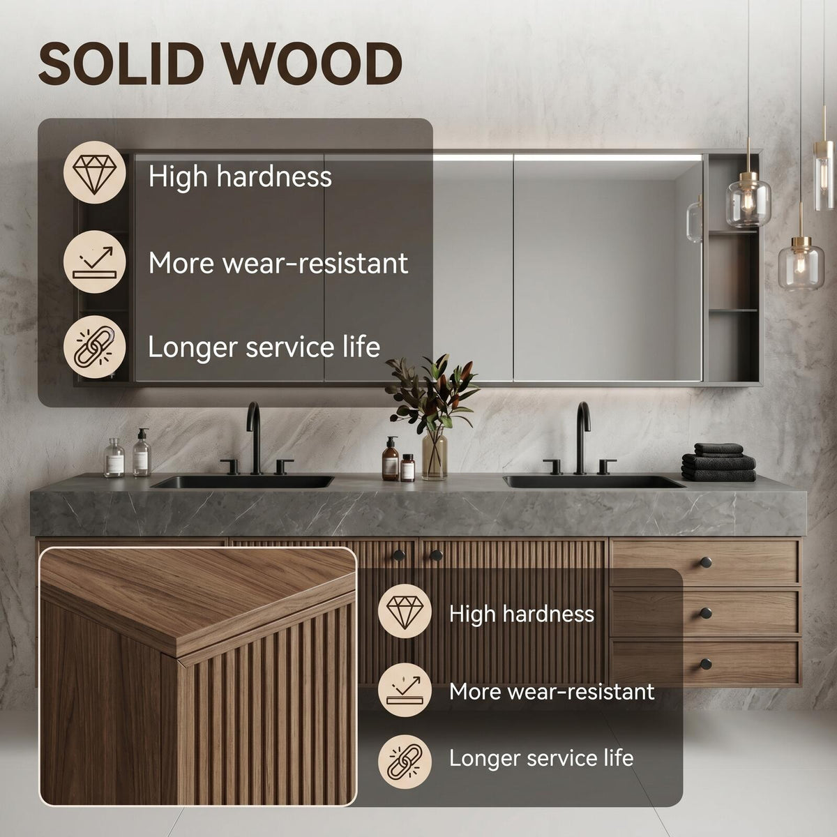 60''-96'' Double Bathroom Vanity with Sink Modern Floating Slatted Wood Doors Wide Countertop