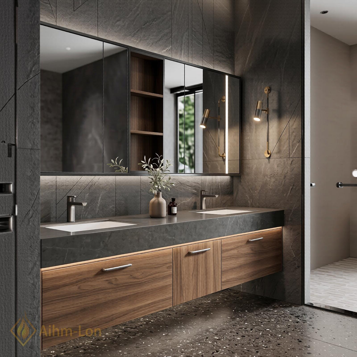 60''-96'' Double Bathroom Vanity with Sink Slatted Front Panel Dark Finish Cabinet