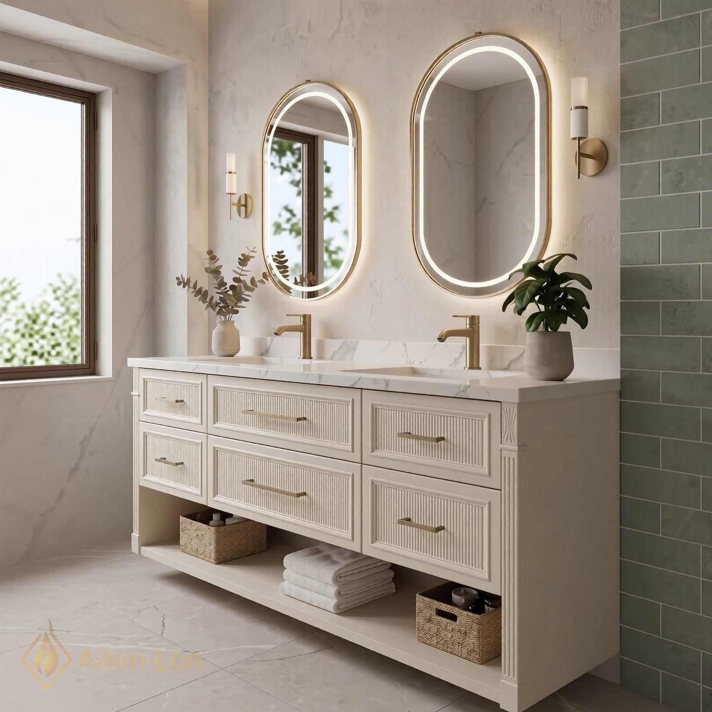 70''-96'' Double Bathroom Vanity with Sink Fluted Panel Drawers Open Shelf Cabinet