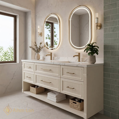 70''-96'' Double Bathroom Vanity with Sink Fluted Panel Drawers Open Shelf Cabinet