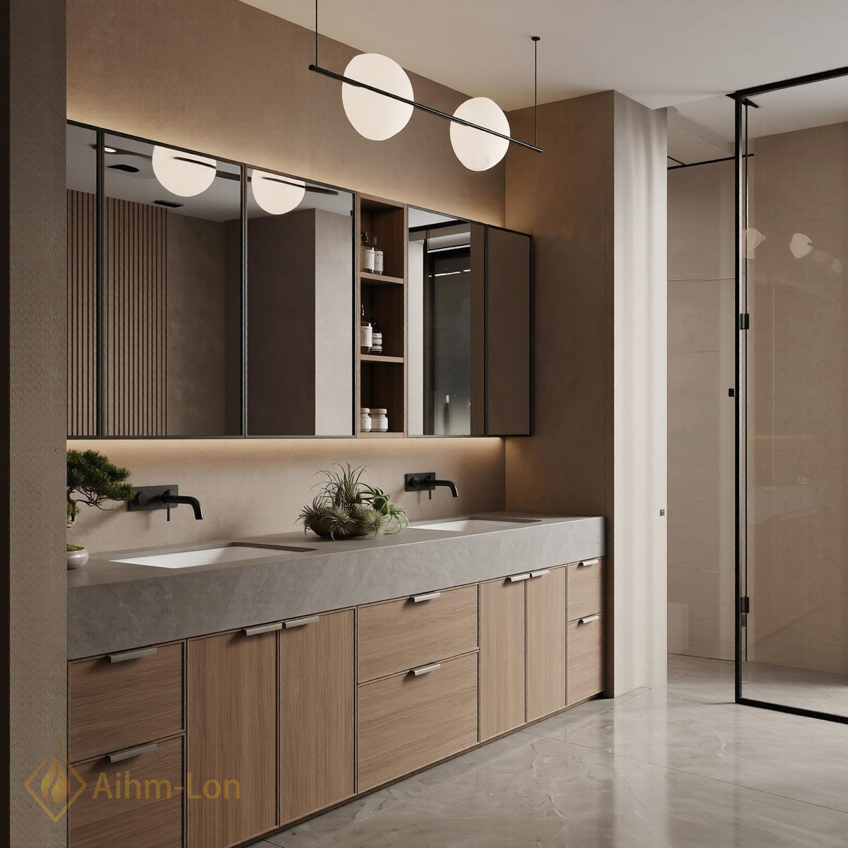 60''-96'' Double Bathroom Vanity with Sink Light Wood Finish Slatted Center Panel