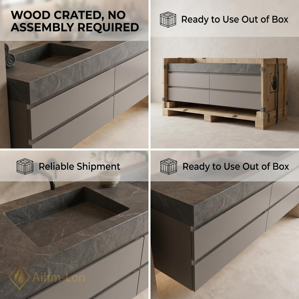 72''-96'' Double Bathroom Vanity with Sink Floating Double Dark Stone Texture Slab