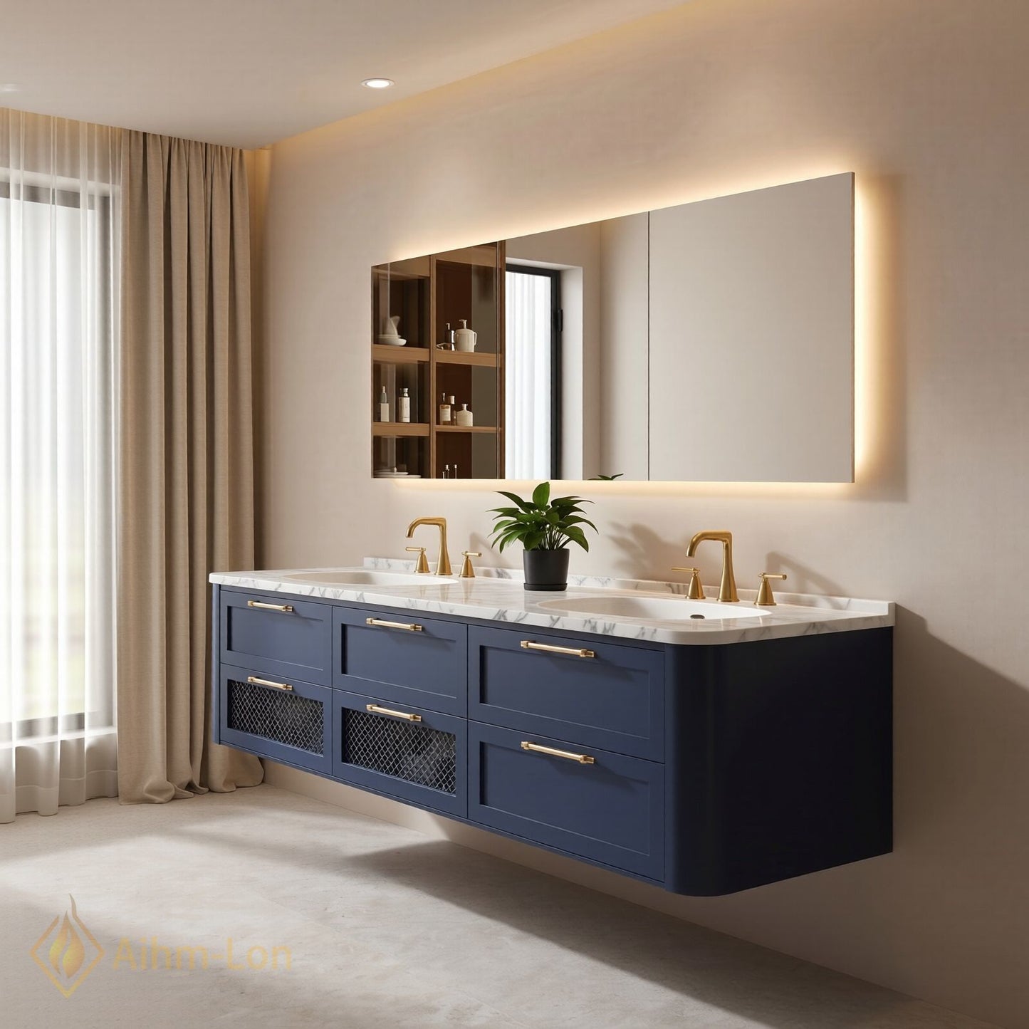 60''-96'' Floating Bathroom Vanity with Sink Deep Blue Marble Patterned Mesh Door Cabinet