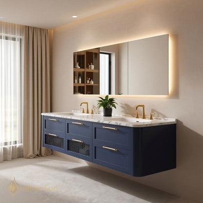 60''-96'' Floating Bathroom Vanity with Sink Deep Blue Marble Patterned Mesh Door Cabinet