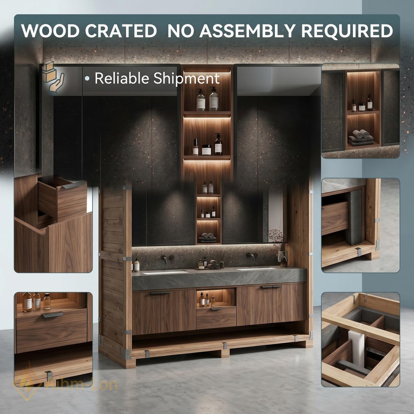 60''-96'' Sleek Bathroom Vanity with Sink Wall-Mounted Dark Wood Grain Open Mirror