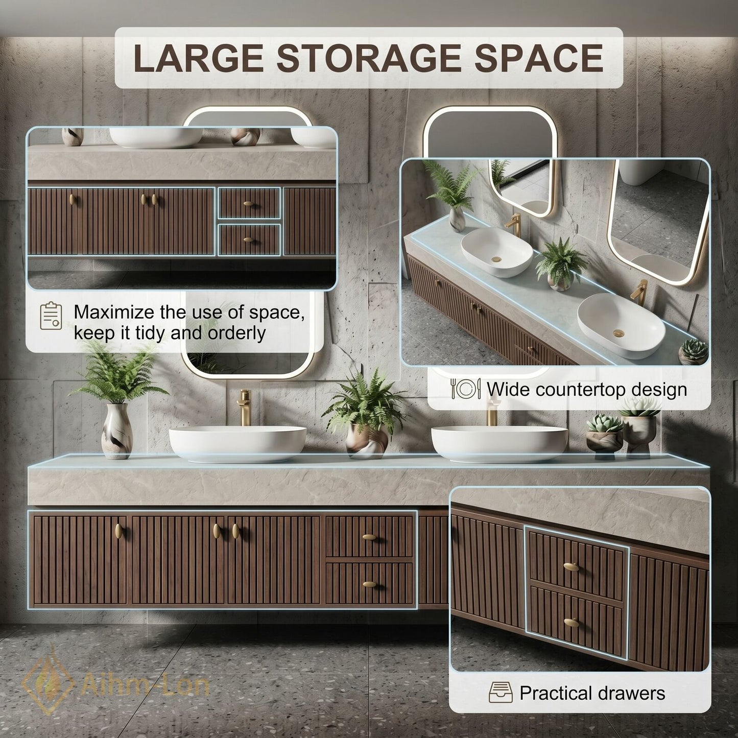 76''-96'' Double Bathroom Vanity with Sink Modern Slatted Wooden Doors Marble Top
