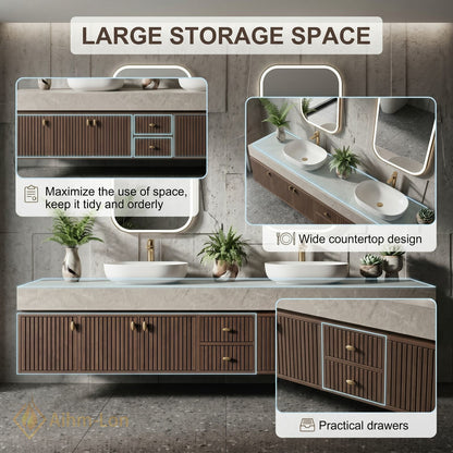 76''-96'' Double Bathroom Vanity with Sink Modern Slatted Wooden Doors Marble Top