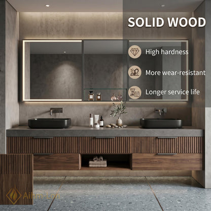 70''-96'' Modern Bathroom Vanity with Sink Floating Dark Walnut Slatted Stone Shelving