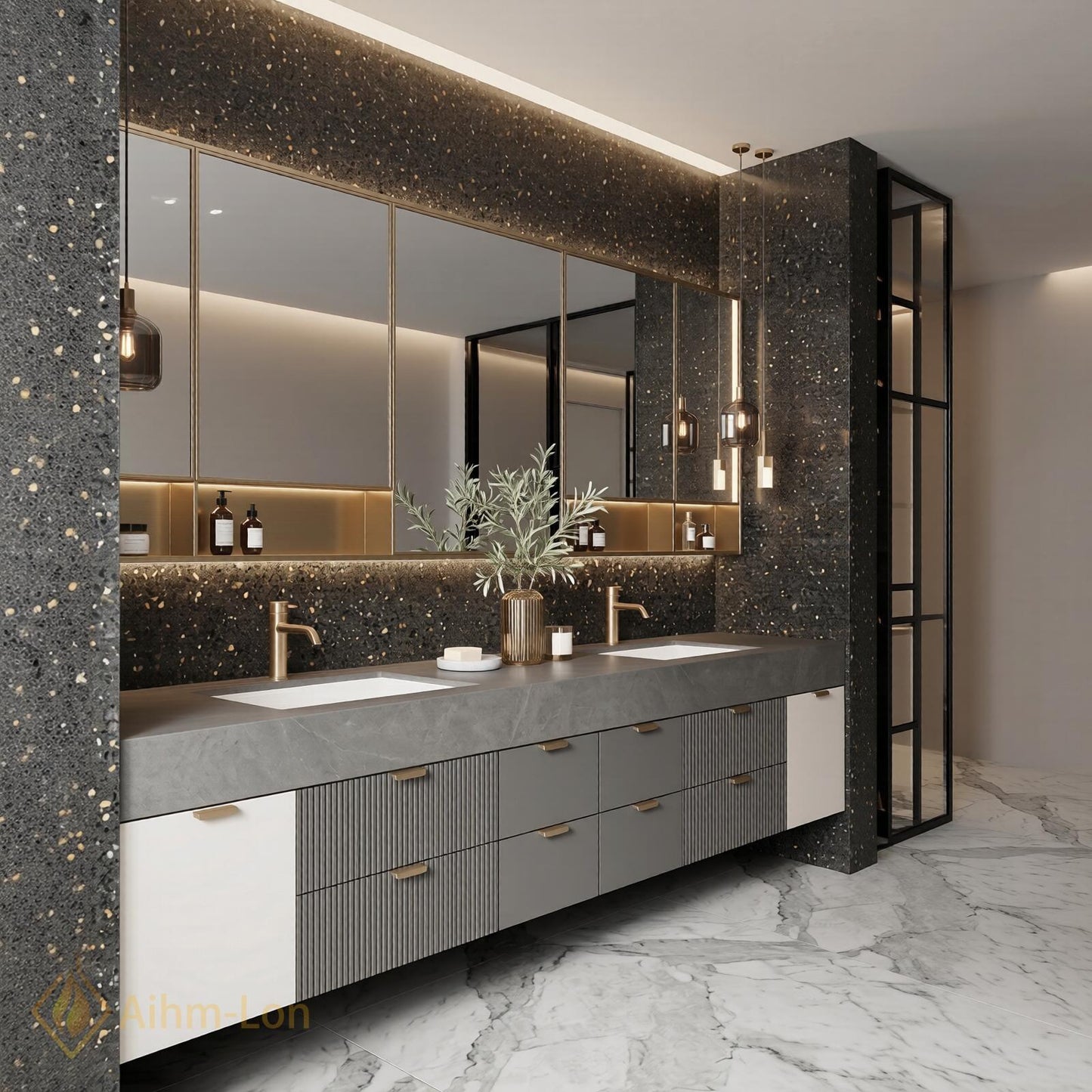 78''-96'' Double Bathroom Vanity with Sink Charcoal Modern Floating Stone Drawer Mirror