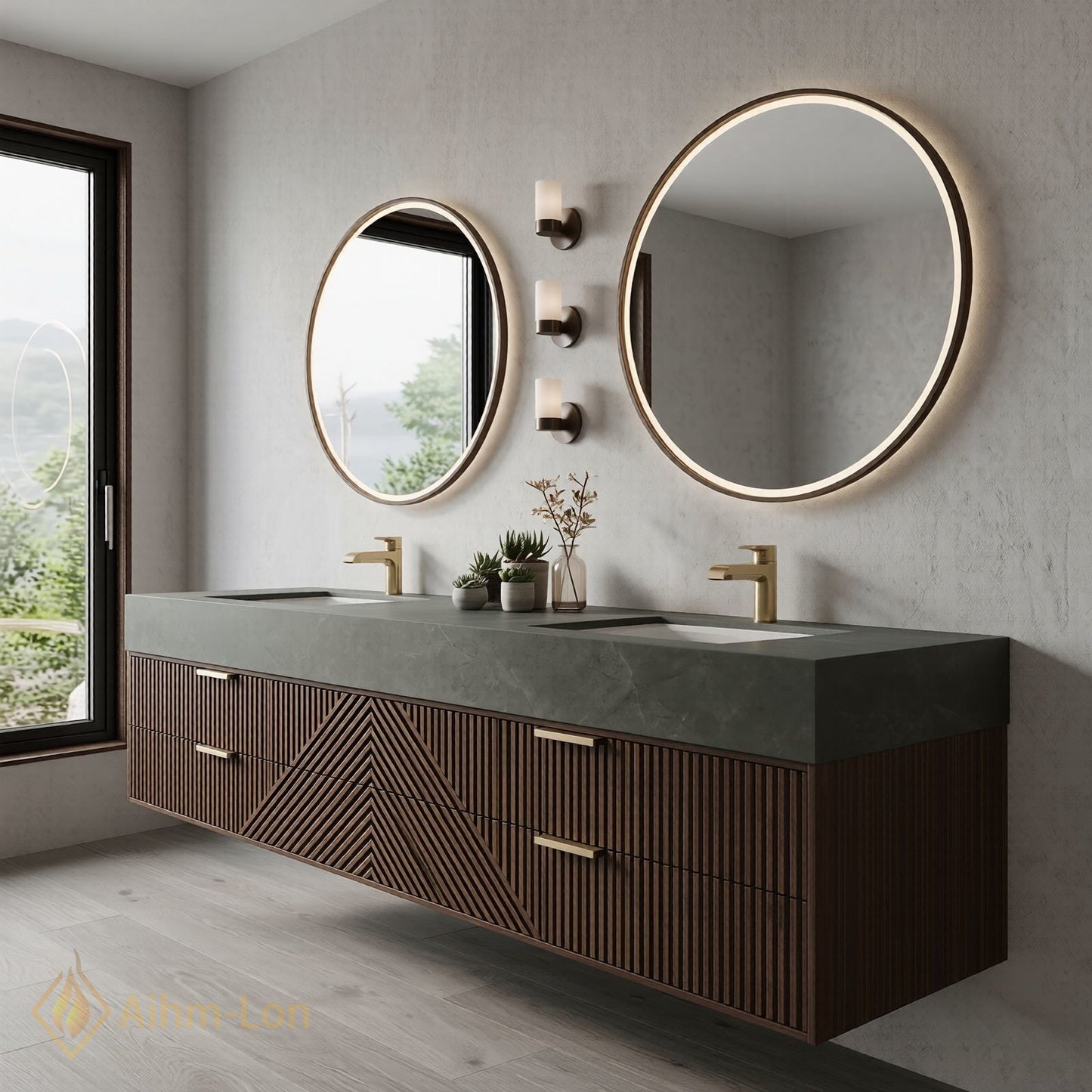 60''-96'' Double Bathroom Vanity with Sink Geometric Wood Panels Floating Design Dual