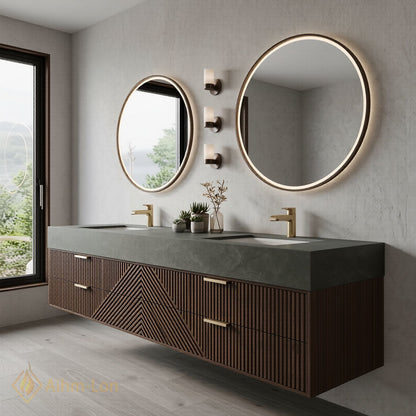 60''-96'' Double Bathroom Vanity with Sink Geometric Wood Panels Floating Design Dual