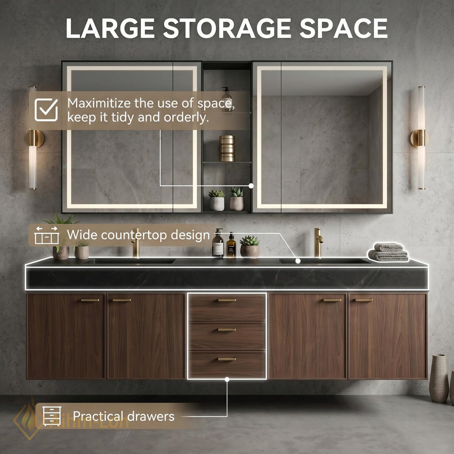 60''-96'' Contemporary Double Bathroom Vanity with Sink Dark Stone Rich Wood Grain