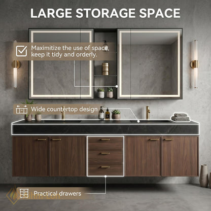 60''-96'' Contemporary Double Bathroom Vanity with Sink Dark Stone Rich Wood Grain