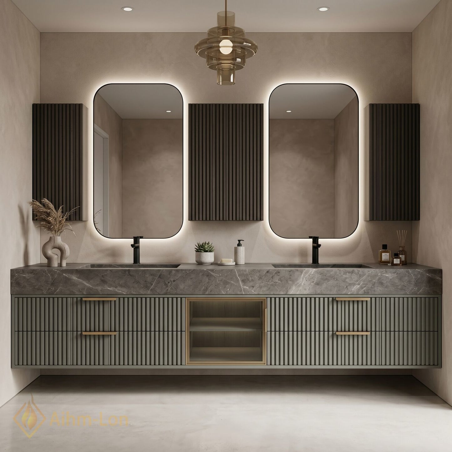 60''-96'' Double Bathroom Vanity with Sink Grooved Panel Front Gray Stone Vein