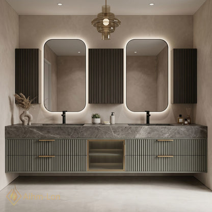 60''-96'' Double Bathroom Vanity with Sink Grooved Panel Front Gray Stone Vein