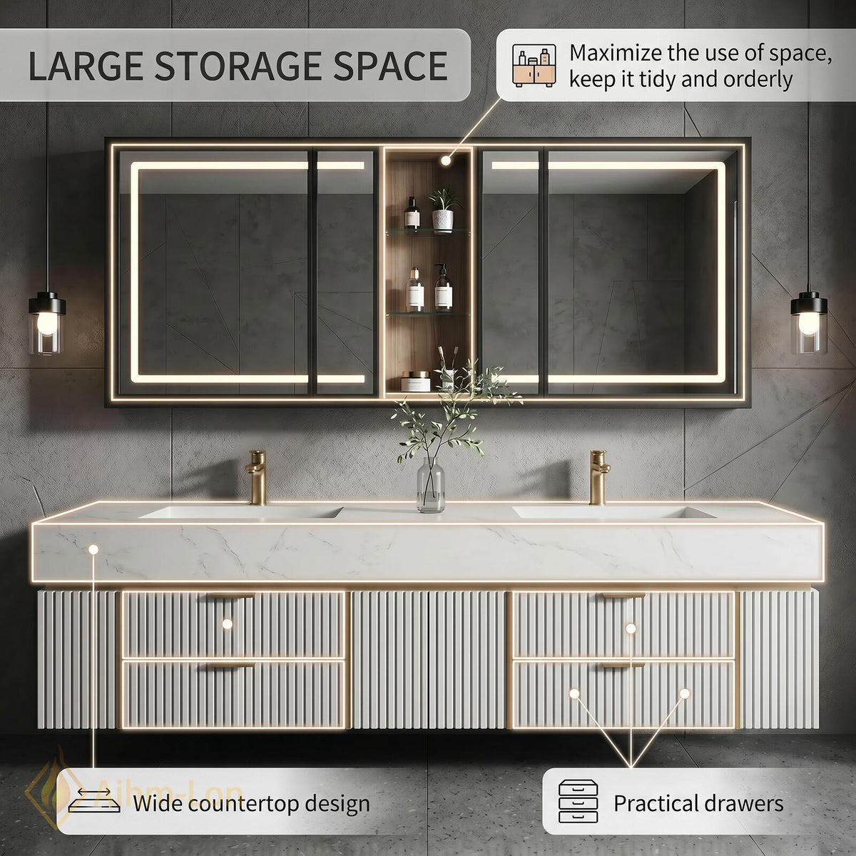 78''-96'' Bathroom Vanity with Sink Floating Double Fluted Marble Effect