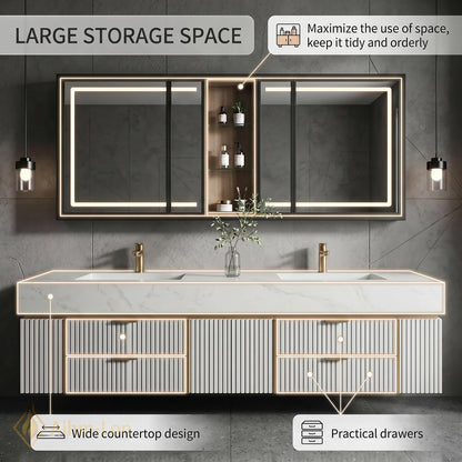 78''-96'' Bathroom Vanity with Sink Floating Double Fluted Marble Effect