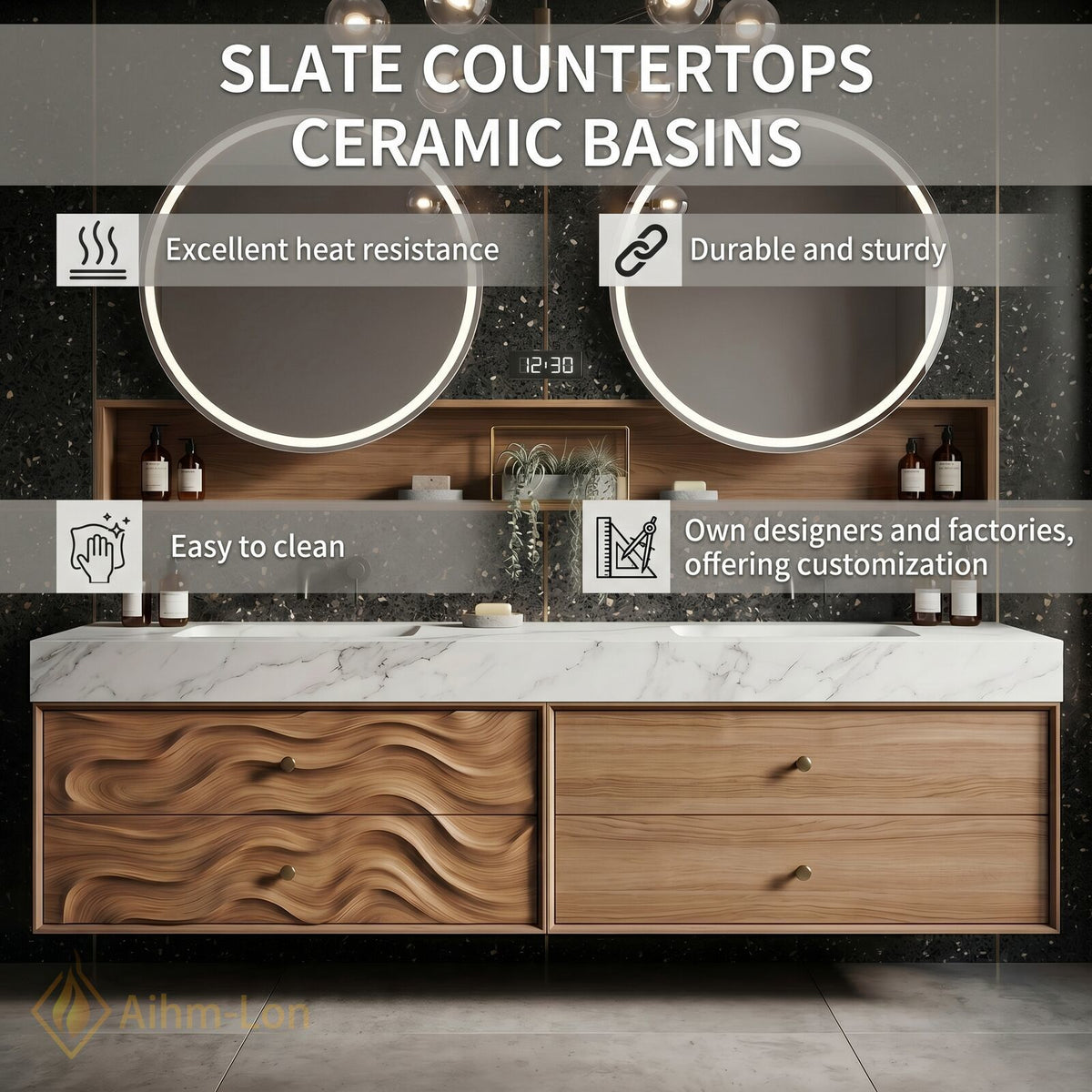 60''-96'' Double Bathroom Vanity with Sink Wavy Wood Panels Open Mirror Shelves