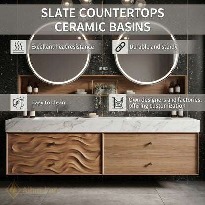 60''-96'' Double Bathroom Vanity with Sink Wavy Wood Panels Open Mirror Shelves
