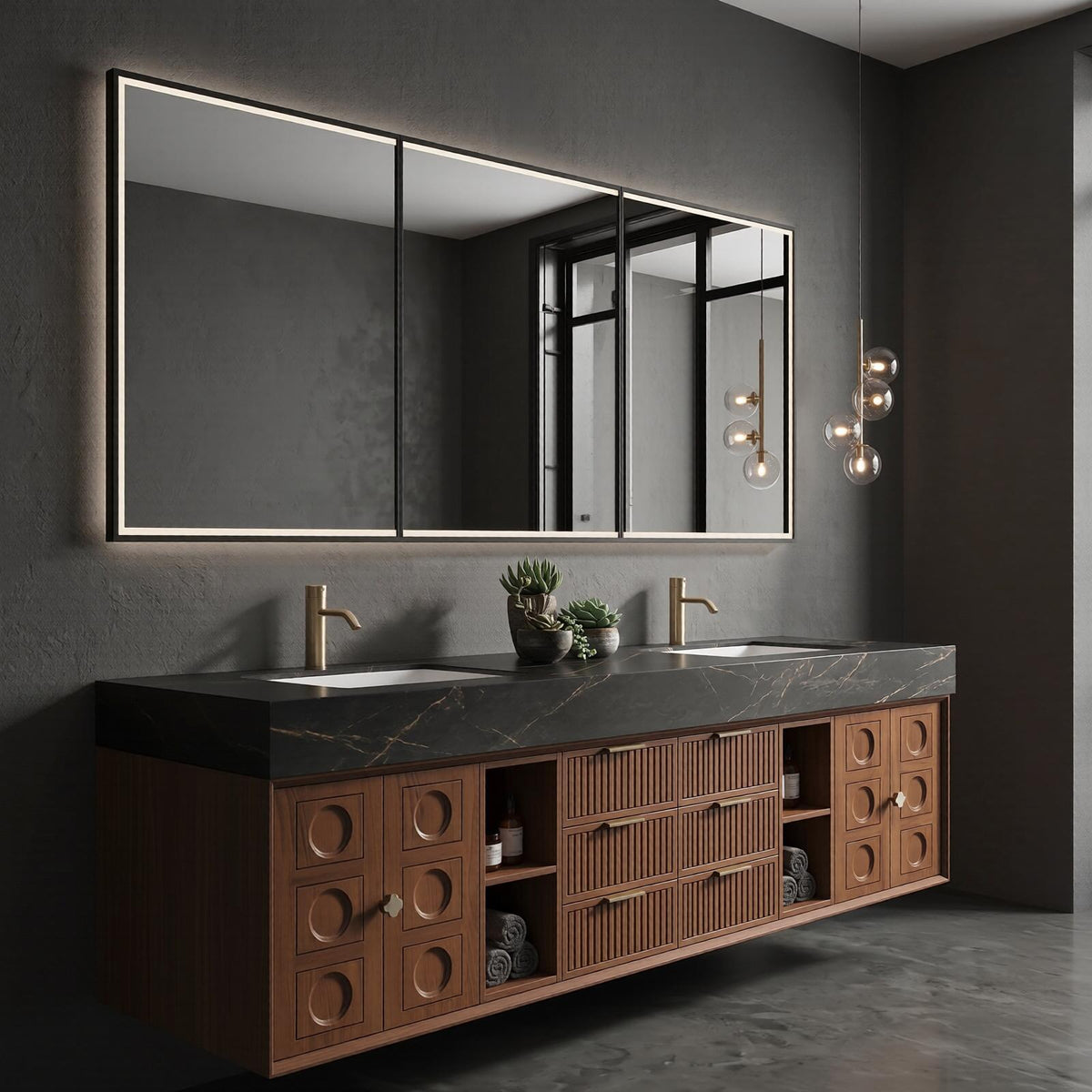 60''-96'' Double Bathroom Vanity with Sink Modern Floating Dark Wood Slatted Center Panel