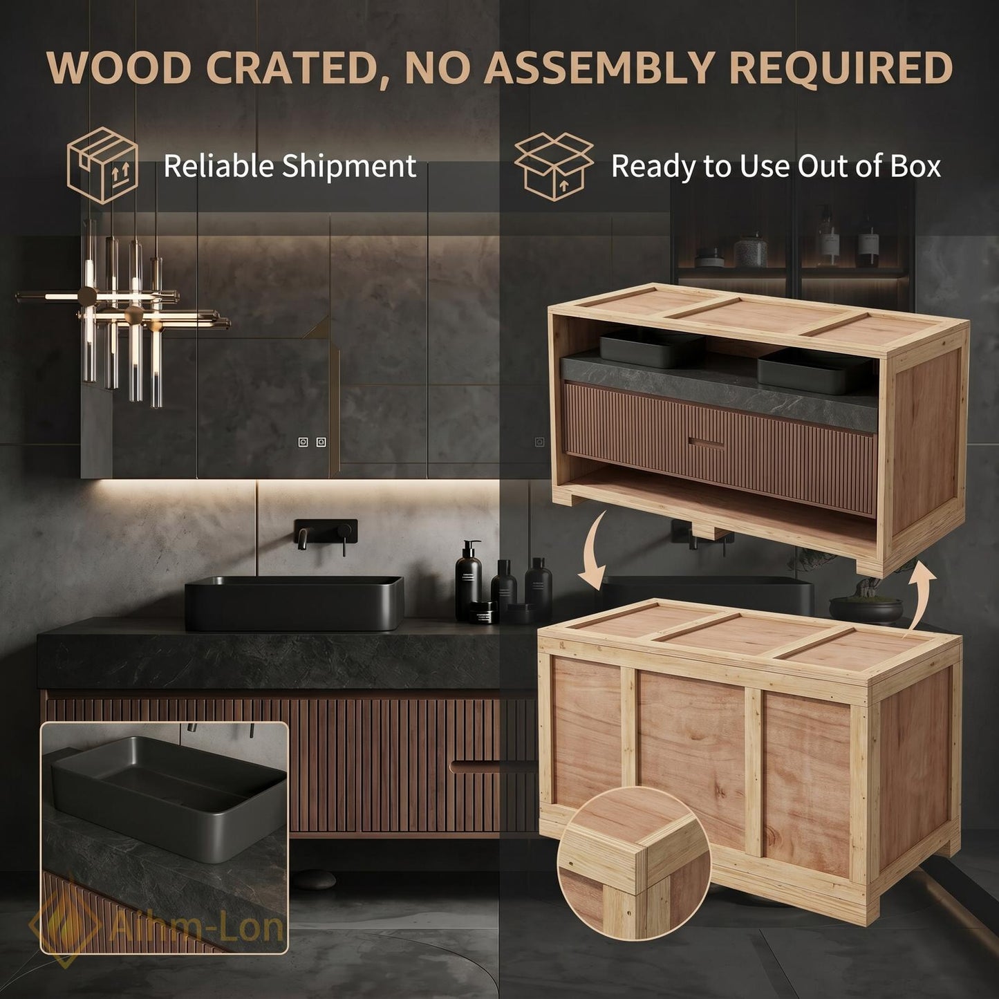 60''-96'' Double Bathroom Vanity with Sink Floating Dark Walnut Finish Slatted Wood