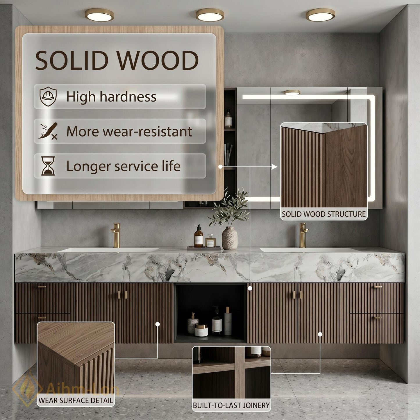70''-96'' Bathroom Vanity with Sink Modern Floating White Marble Pattern Top Slatted