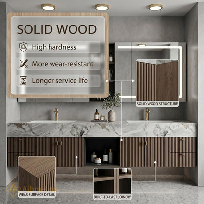 70''-96'' Bathroom Vanity with Sink Modern Floating White Marble Pattern Top Slatted