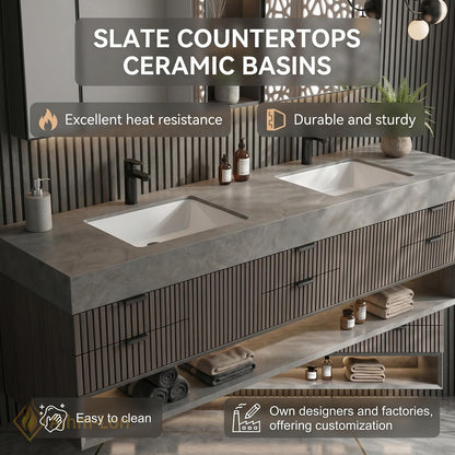 76''-96'' Double Bathroom Vanity with Sink Slatted Front Panel Dark Finish Shelving