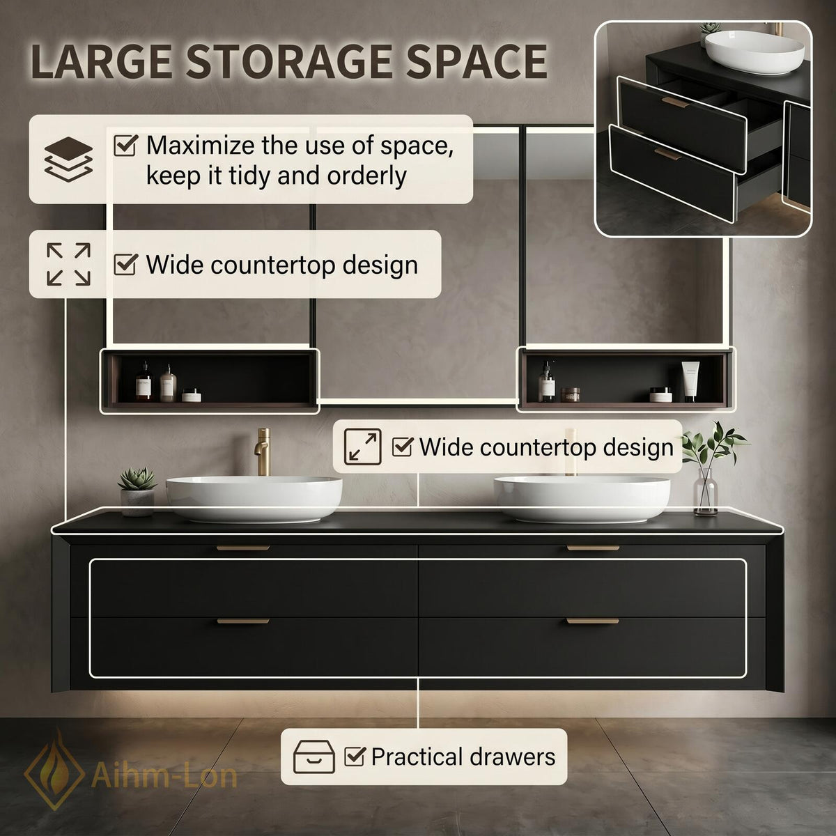 60''-96'' Double Bathroom Vanity with Sink Modern Floating Matte Black Drawer System