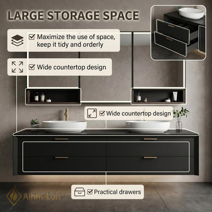 60''-96'' Double Bathroom Vanity with Sink Modern Floating Matte Black Drawer System
