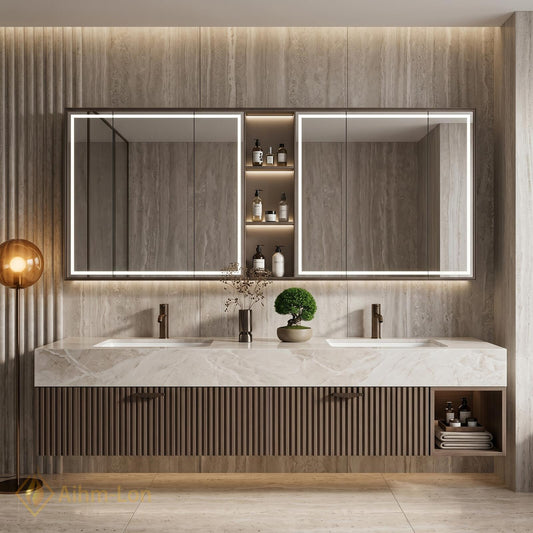 60''-96'' Double Bathroom Vanity with Sink Dark-Walnut Modern Floating Panel