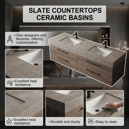 60''-96'' Double Bathroom Vanity with Sink Modern Floating Warm Oak Finish Cabinet